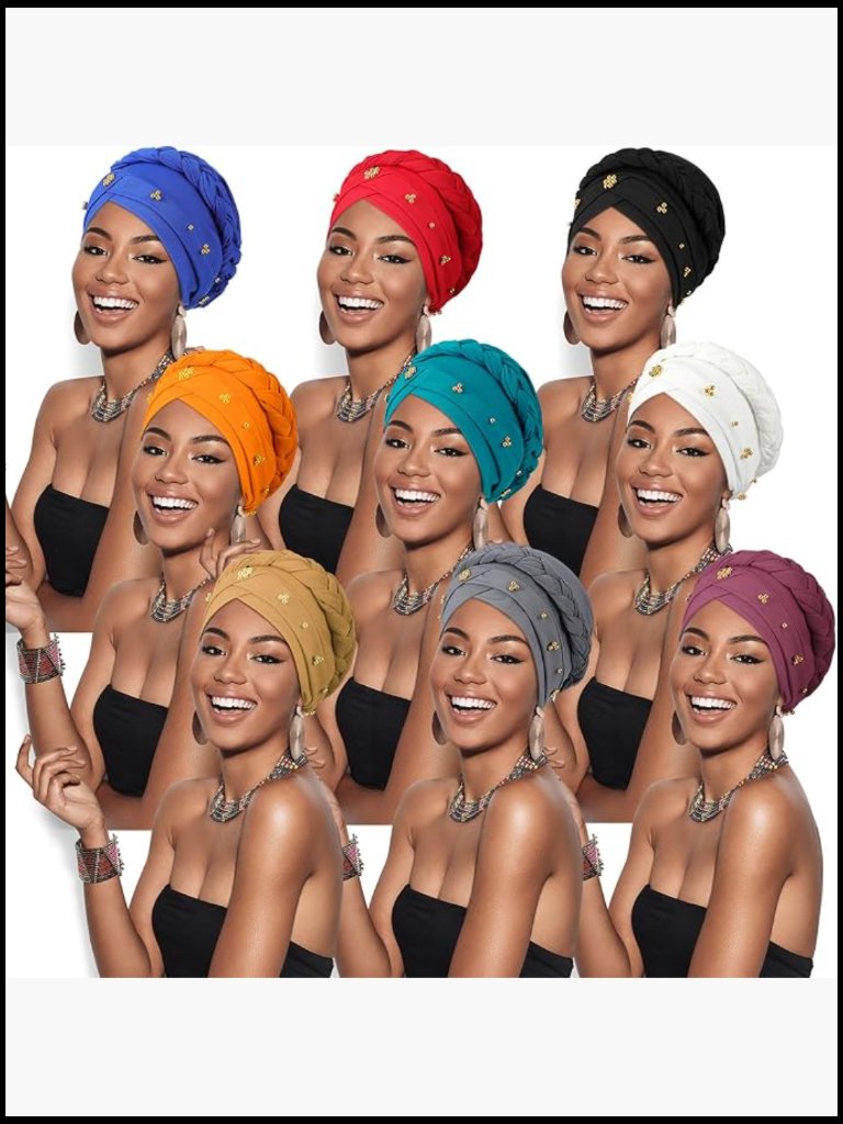 9 Pack Pre Tied Turban Braid Headscarf Beaded Beanie Cap